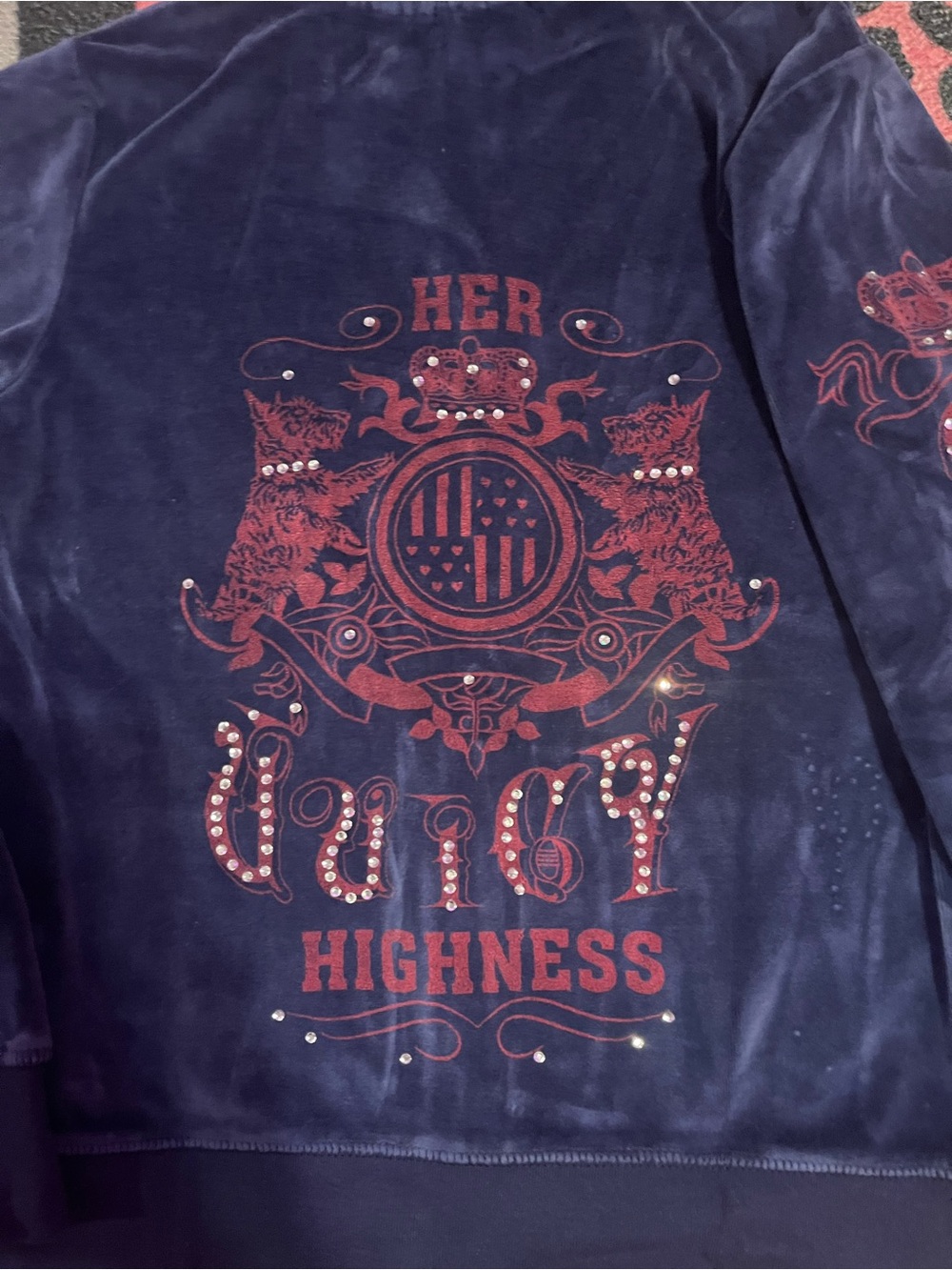 Vintage Juicy Couture Navy Blue Velour Her Highness rhinestone track jacket - Picture 3 of 7